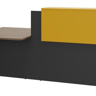 Banque d'accueil OLA - Ensemble composé d'un module haut + un module PMR et d'une tablette jaune curry - L242,5 cm - carbone et noyer