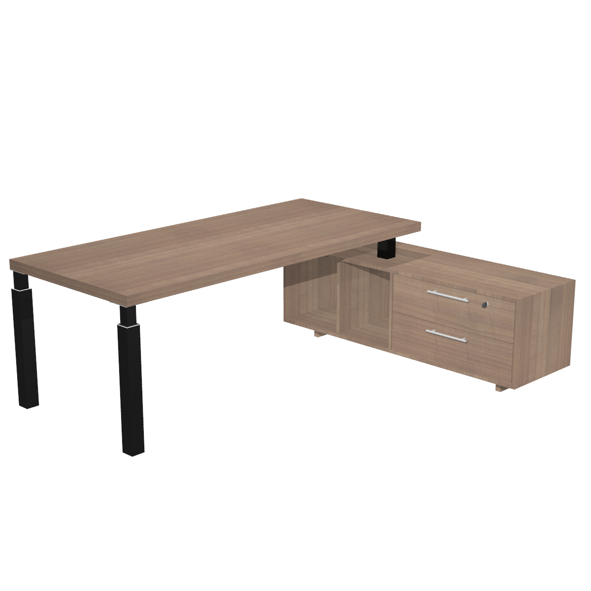 Bureau Manager FLORA - avec console retour réversible - L225 x P170 cm - pieds en métal noir - plateau imitation merisier arabis