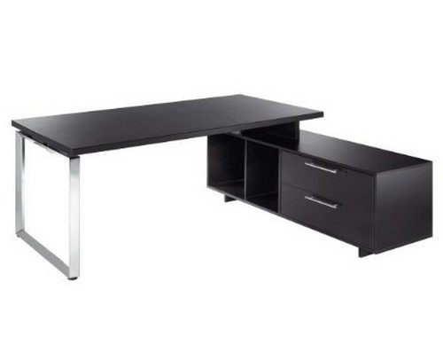 Bureau Manager FLORA - avec console retour réversible - L195 x P170 cm - pieds cadre en métal effet chromé - plateau imitation frêne noir