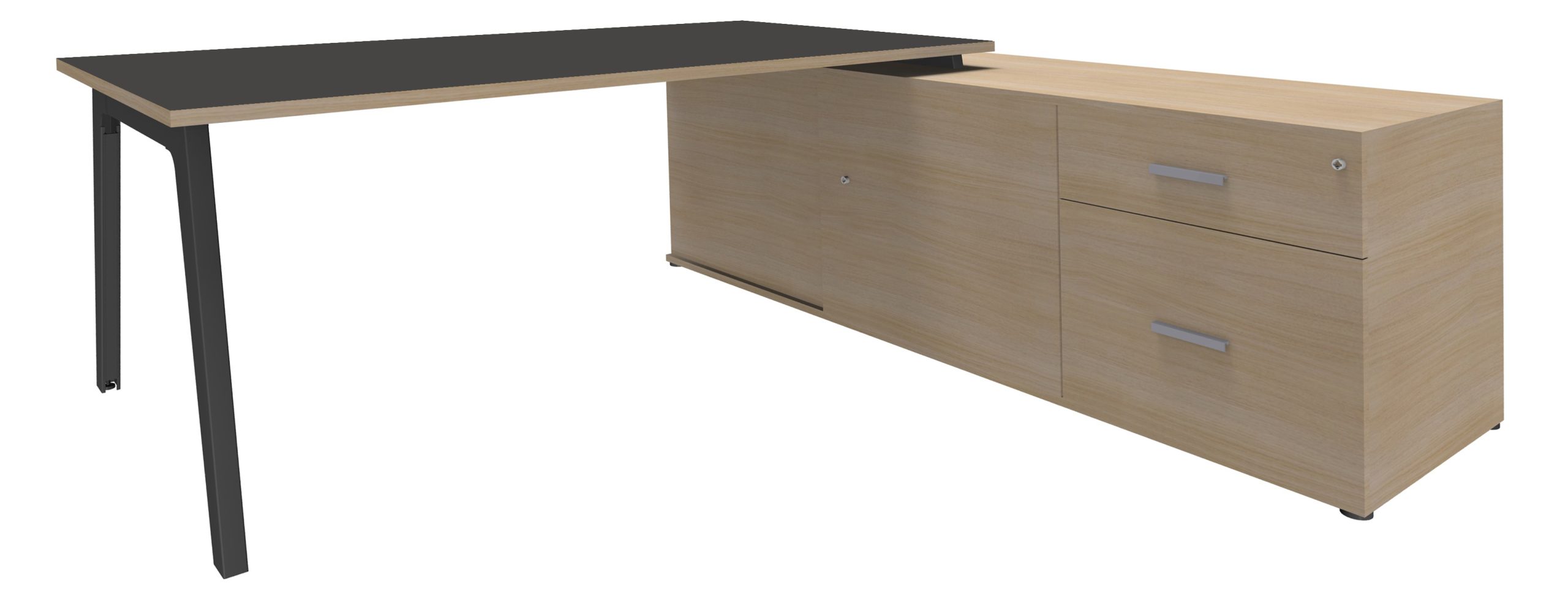 Bureau STEELY Manager - L180 x P100 x H72,5 cm - console retour à droite (2 tiroirs) L200 x P60 x H72,5 cm - pieds carbone - plateau carbone