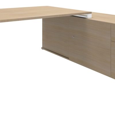 Bureau LOFTER Manager - L180 x P100 x H72,5 cm - console retour à droite (tiroirs) - pieds blanc - plateau imitation chêne clair