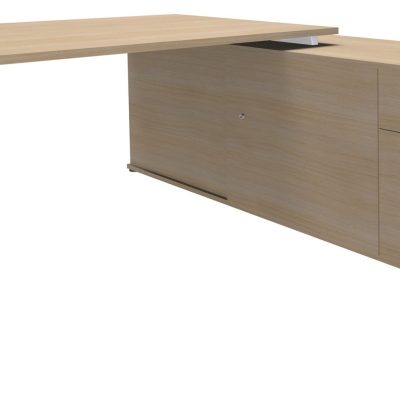 Bureau STEELY Manager - L180 x P100 x H72,5 cm - console retour à droite (2 tiroirs) L200 x P60 x H72,5 cm - pieds blanc - plateau imitation chêne clair
