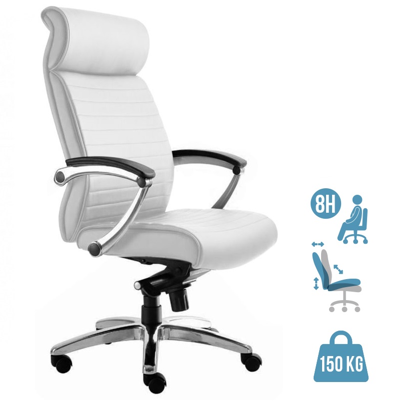Fauteuil de bureau WILLIAM - accoudoirs articulés - appui-tête intégré - cuir blanc