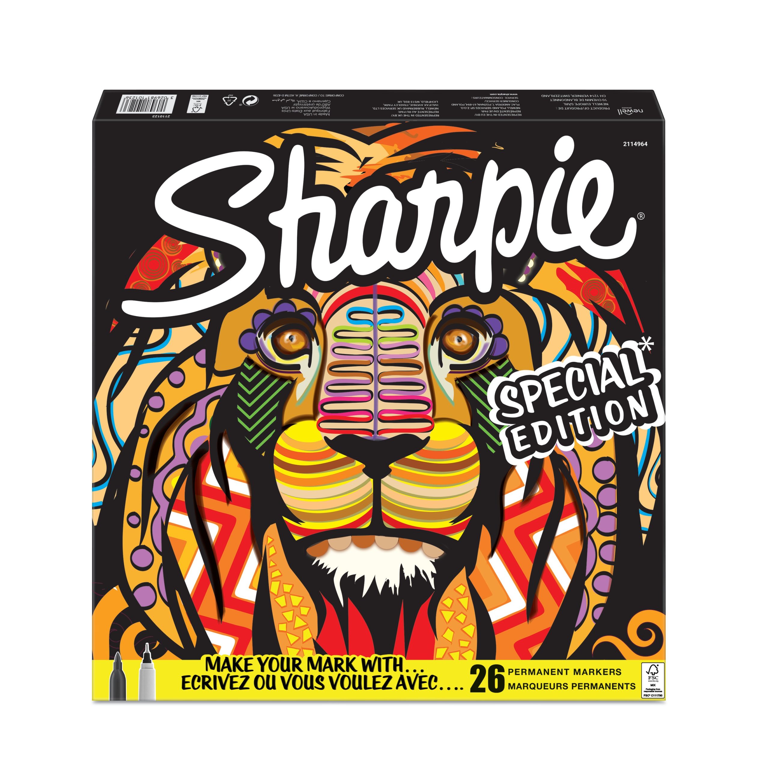 Sharpie Lion - Pack de 26 marqueurs permanents - pointes et couleurs assorties