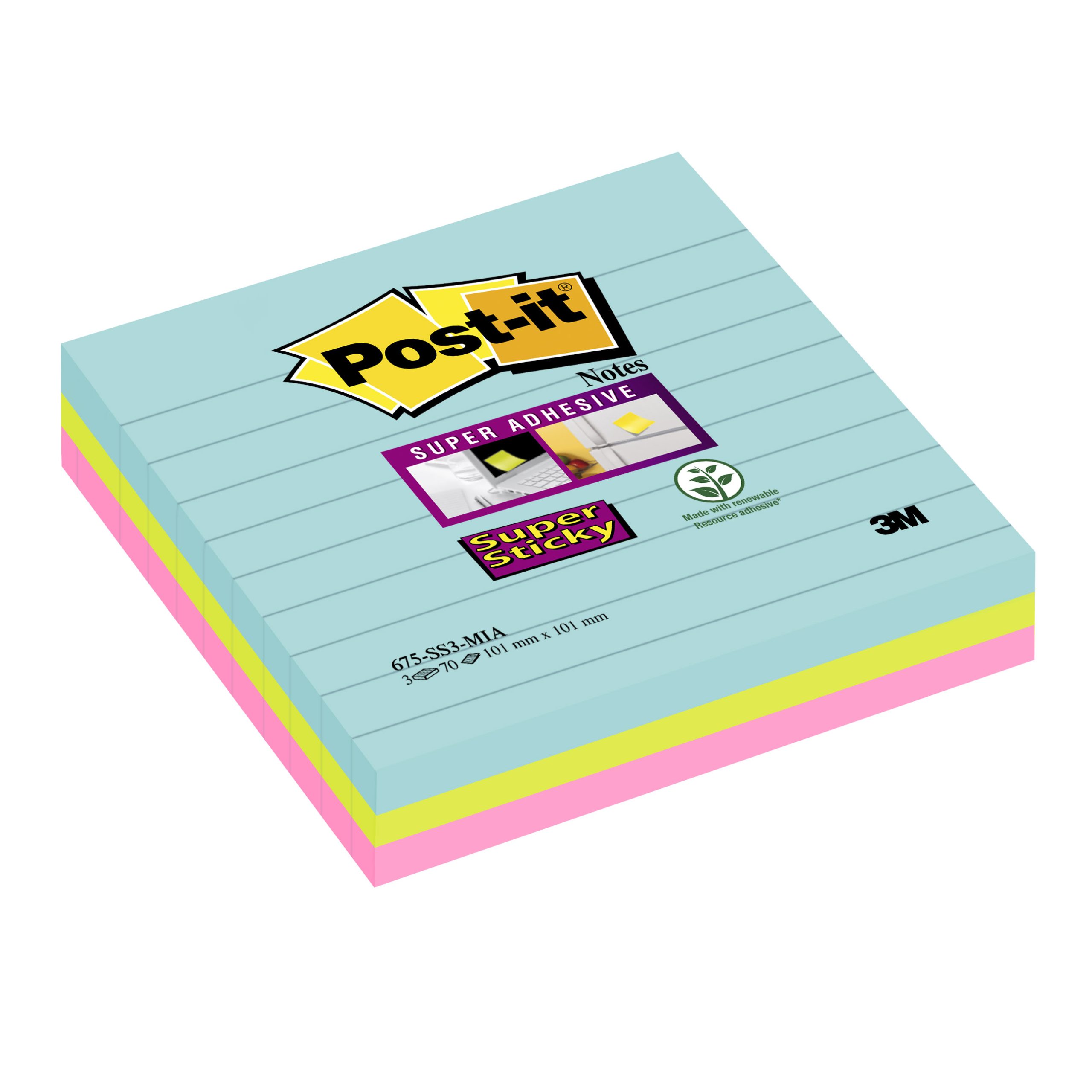 Post-it - 3 Blocs notes ligné Super Sticky - grand format 101 x 101 mm
