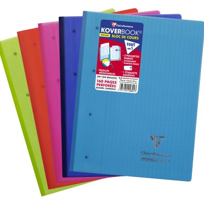 Clairefontaine Koverbook - Bloc de cours agrafé A4+ - 160 pages détachables perforées - grands carreaux (Seyes) - disponible dans différentes couleurs